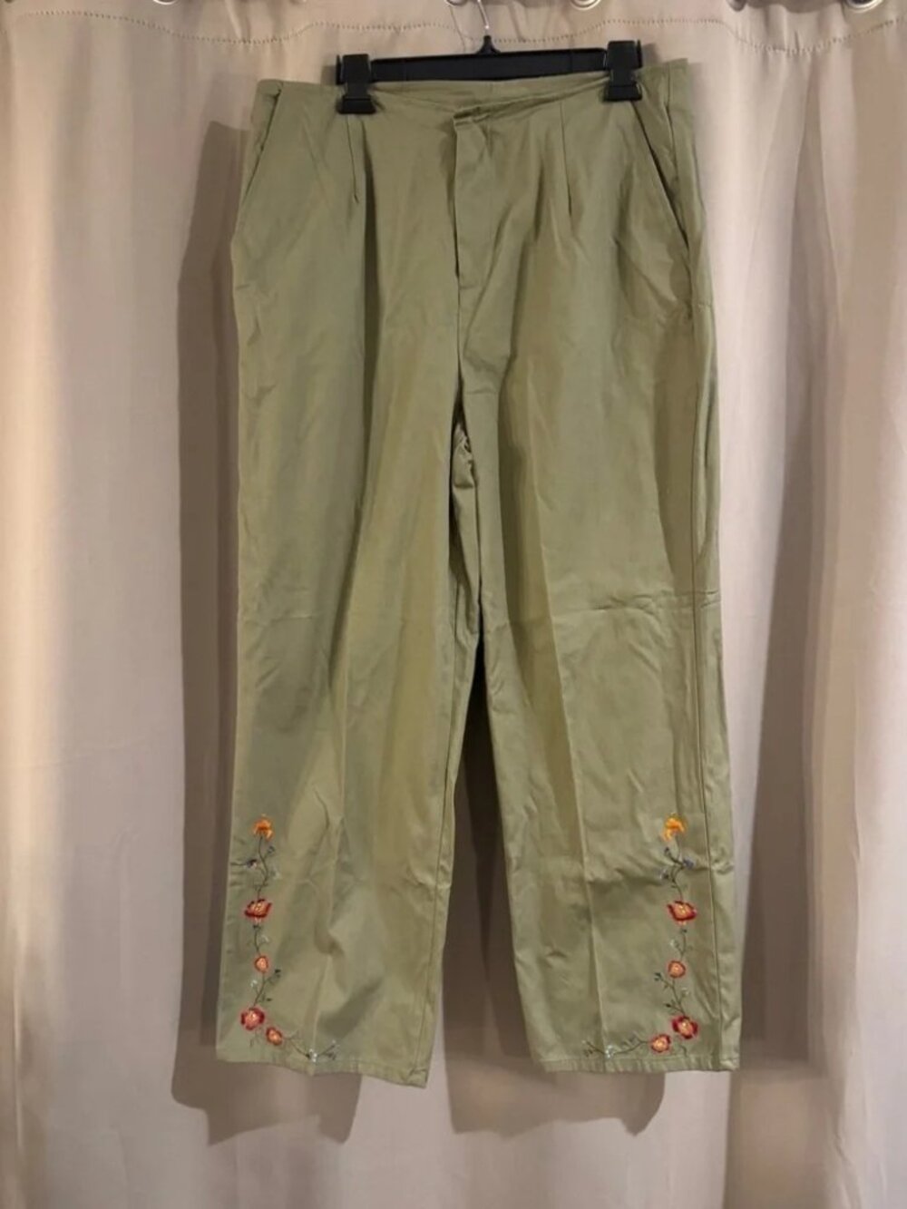 White Stag Olive Green Chinos with Floral Embroidery